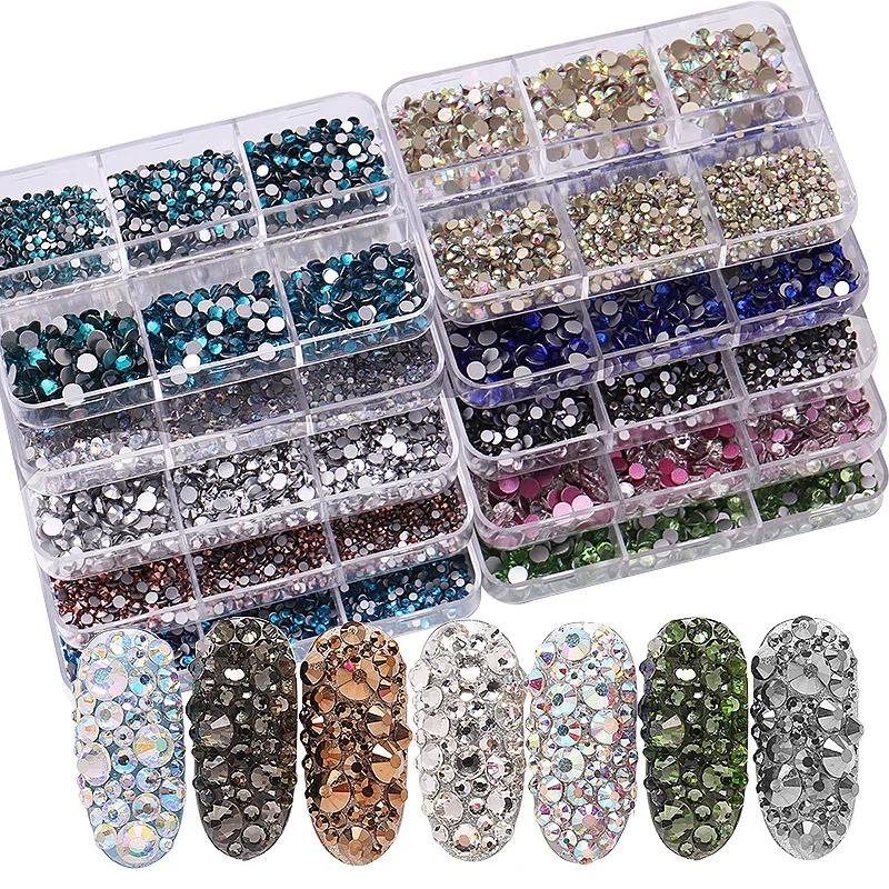 

Nail Charms 6grids/box Nail Art Diamond Round Bottom Colored mixed Decoration 3d Art Fashion Designs Nail Tips Beauty