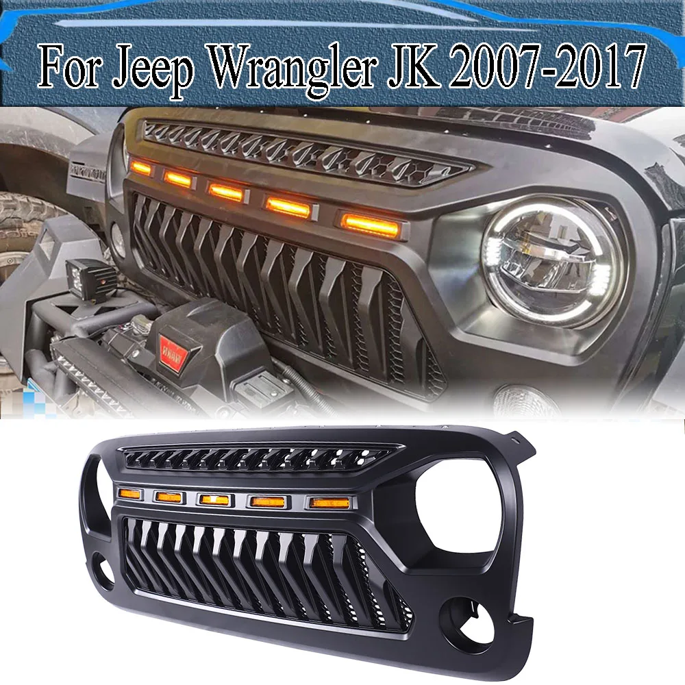 

For Jeep Wrangler JK 2007-2017 Accessories Modified Front Grill Cover Racing Grille ABS Bumper Mesh Grills With Amber LED Lights