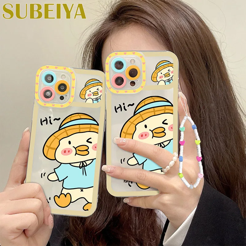 

Cartoon Yellow Hat Duck Is Suitable For Iphone14 Angel Eyes Full Edge 13pro/12 Chain Silicone Light Mobile Phone Case