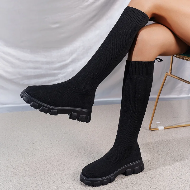 

Platform Boots Fashion Knitted Women Knee High Long Boots Ladies Sock Boots 2022 New Autumn Winter Female Elastic Band Plus Size