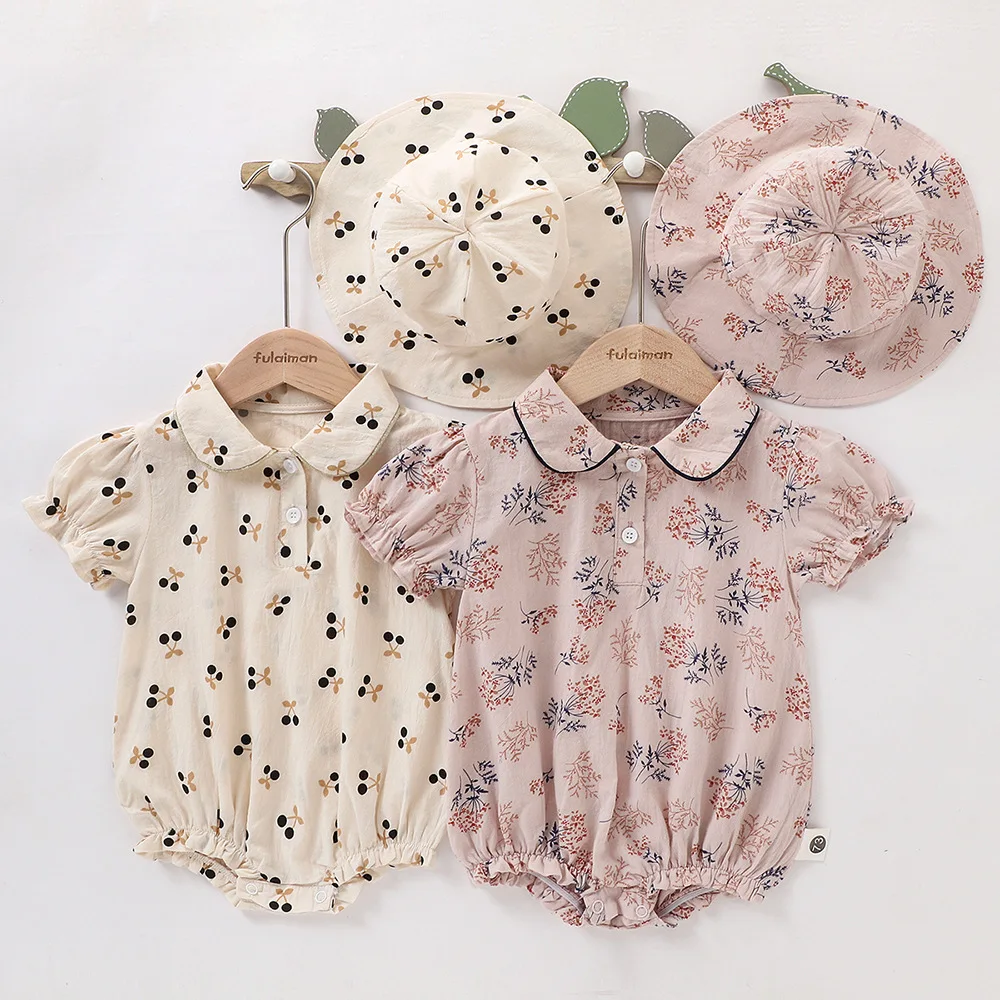 2022 Summer New Baby Wrap Clothes Triangle Romper Girls Short-sleeved Floral Cherry To Send Hat One-piece Romper