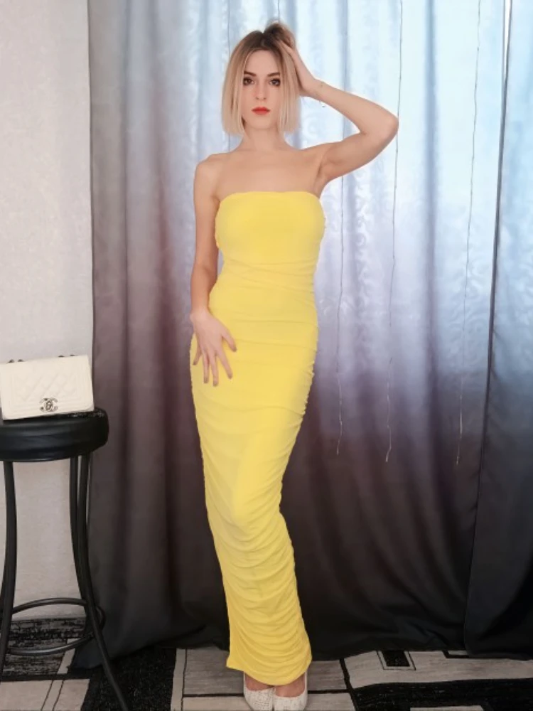 

Yellow Mesh Maxi Dress Off the Shoulder Side Split Long Summer Dress Elegant Party Wedding Evening Halter Dresses for Women 2023
