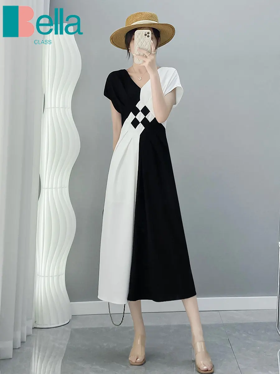

2023 Summer New Oversized Slim Royal Sister Style Skirt Mid Length Black and White Contrast Dress for Women Korean Version