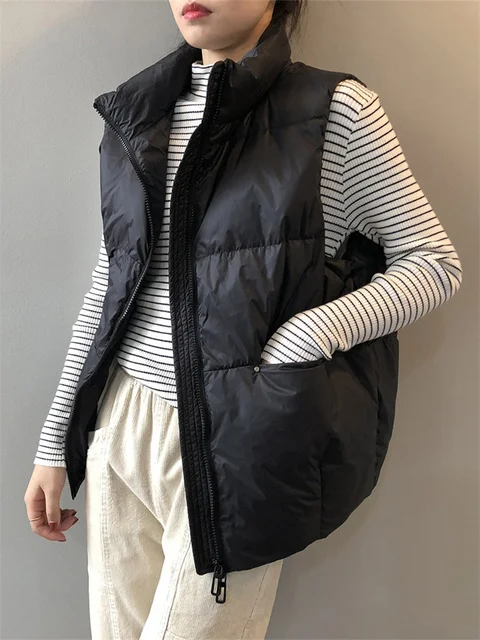 

Duck Down Jacket Vest for Women 2022 Fall Winter Stand Collar Korean Fashion Warm Coats with Pockets Oversized Parkas