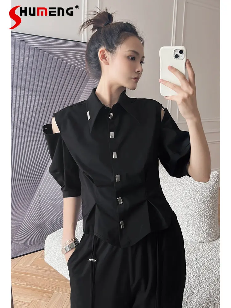 Simple Bubble Short Shirt Silk Cotton Black Shirts Vintage Blouse Woman Three-Dimensional Hollow Half Sleeve Polo Collar Shirt