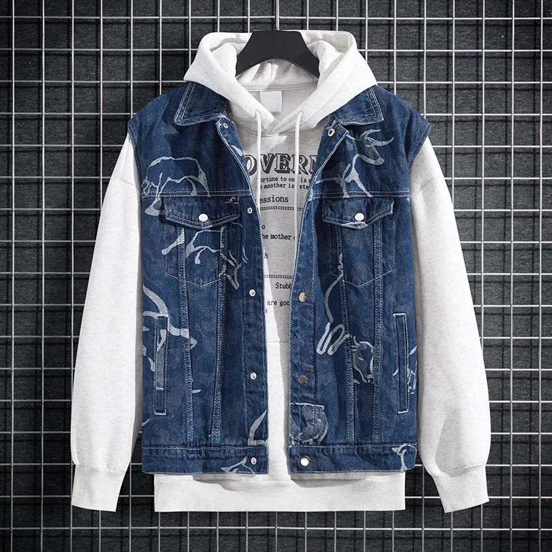 

New 2022 jacquard denim jacket men's Denim Vest Jacket sleeveless loose jacket denim jacket Size: S-3XL