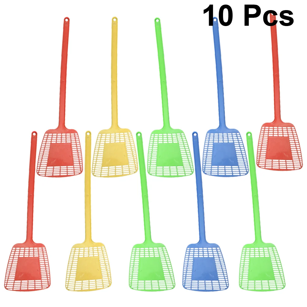 

10pcs Square Simple Household Fly Swatter Kitchen Hollow Plastic Long Handle Mosquito Swatter (Random Color)