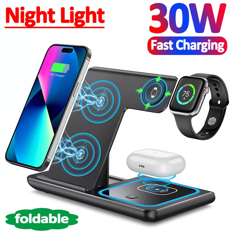 3in1 Wireless Charger 3 in 1 Foldable 30W LED Fast Wireless Charger Stand For iPhone 14 13 12 11 Apple Watch Airpods Pro iWatch 8 7 Charging Station 3in1 Wireless Charger 3 in 1 Foldable 30W LED Fast Wireless Charger Stand For iPhone 14 13 12 11 Apple Watch Airpods Pro iWatch 8 7 Charging Station