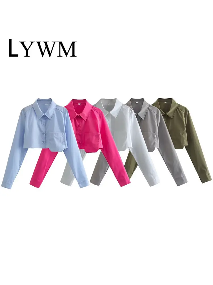 

LYWM Women Fashion With Pocket Solid Single Breasted Cropped Blouse Vintage Long Sleeves Lapel Neck Female Chic Lady Shirts
