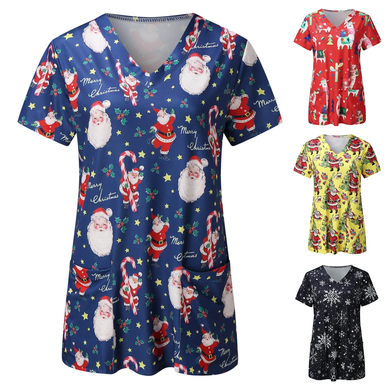 

2023 Рождественская Блузка-униформа, короткая Рождественская рубашка с рабочим рукавом, Новогодние рождественские топы с Санта-Клаусом для к...
