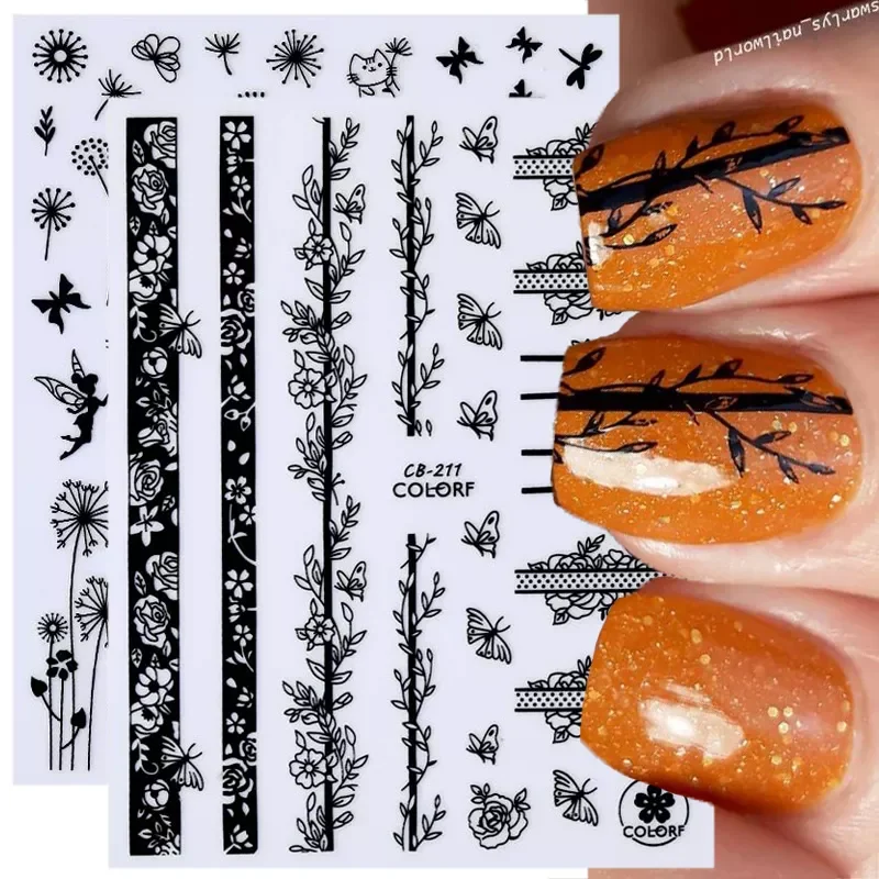 

Black Lines Flowers Leaves 3D Nail Stickers Autumn Winter Fall Leaf Design Transfer Sliders Abstract Waves Nail Art Decals Decor