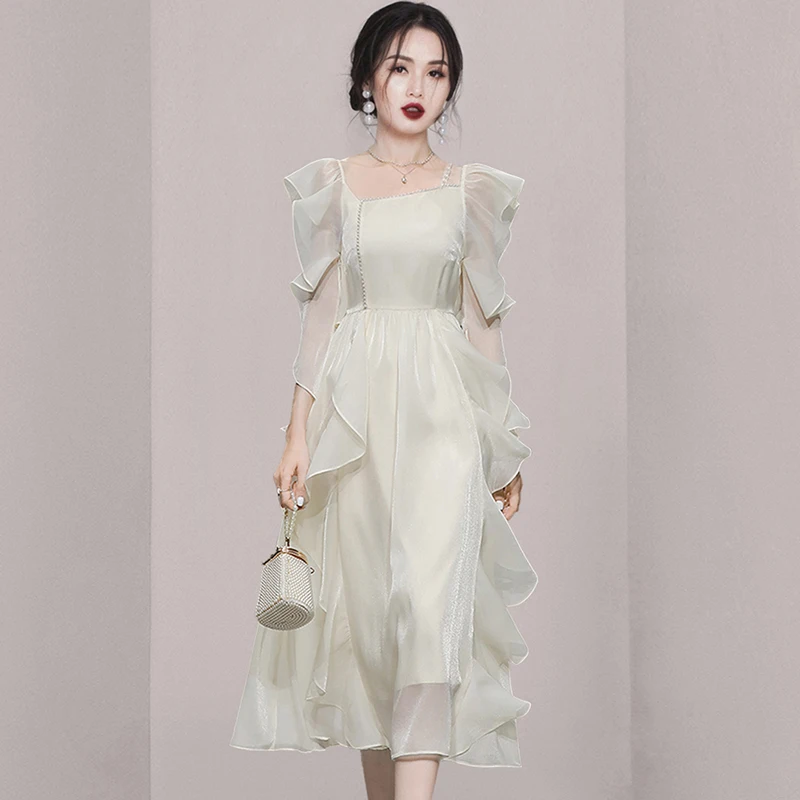 

2022 Summer New Women Long Dress Square Neck Temperament Lotus Leaf Side Dresses Decoration Fairy Skirt Big Swing Dress 012