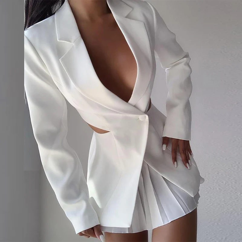 

Sexy White Hollow Out Women's Blazer Coat V Neck Single Button Long Sleeve Blazers Female New Fashion Office Ladies Coats Autumn