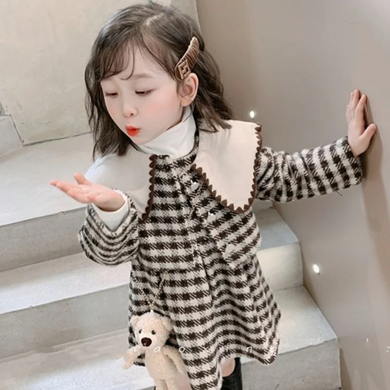 

Girls Woolen Coat Jacket Outwear 2022 Blue Warm Plus Thicken Spring Autumn Cotton Overcoat Teenager Tops School Children's Cloth