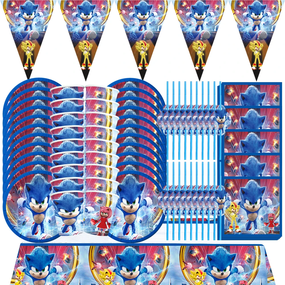 

New Sonic Kids Birthday Party Decorations Disposable Tableware Set Cup Plate Banner Birthday Cake Decor Baby Shower Supplies