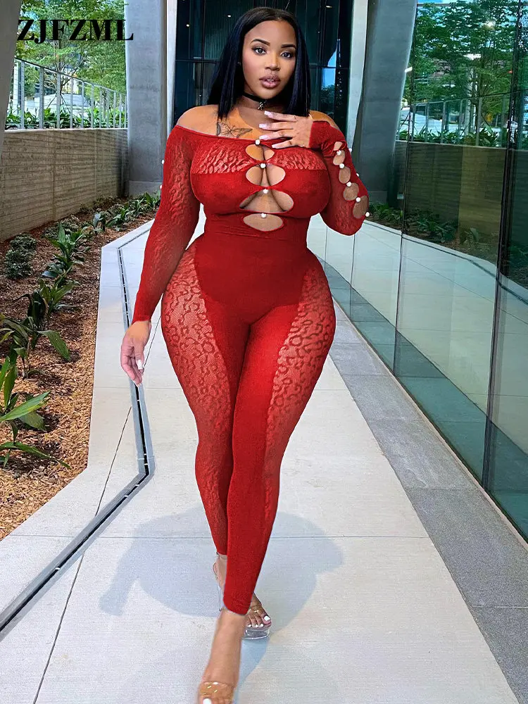 

Женские сетчатые комбинезоны с открытыми плечами, комбинезон с воротником-лодочкой и длинным рукавом, прозрачные комбинезоны, хипстерское ...