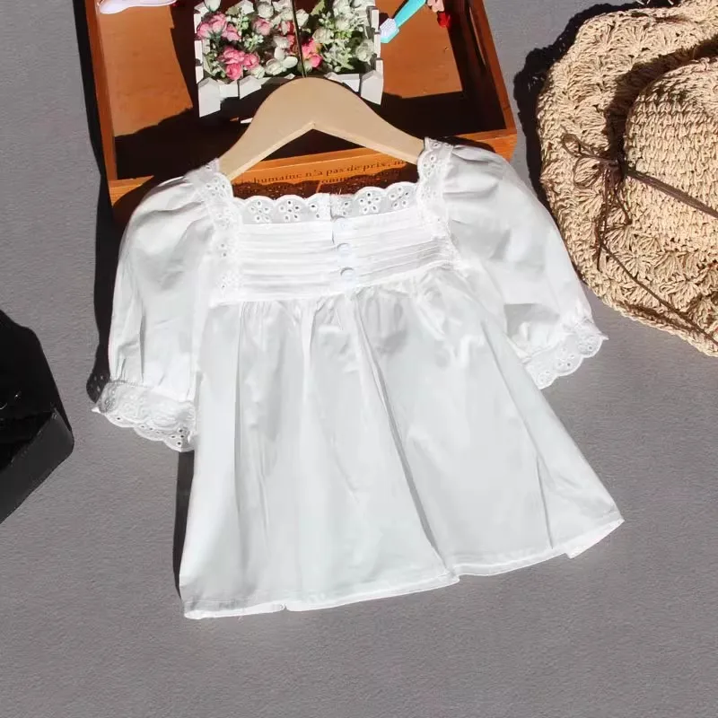 Летняя белая блузка для девочек хлопковые кружевные топы с коротким рукавом