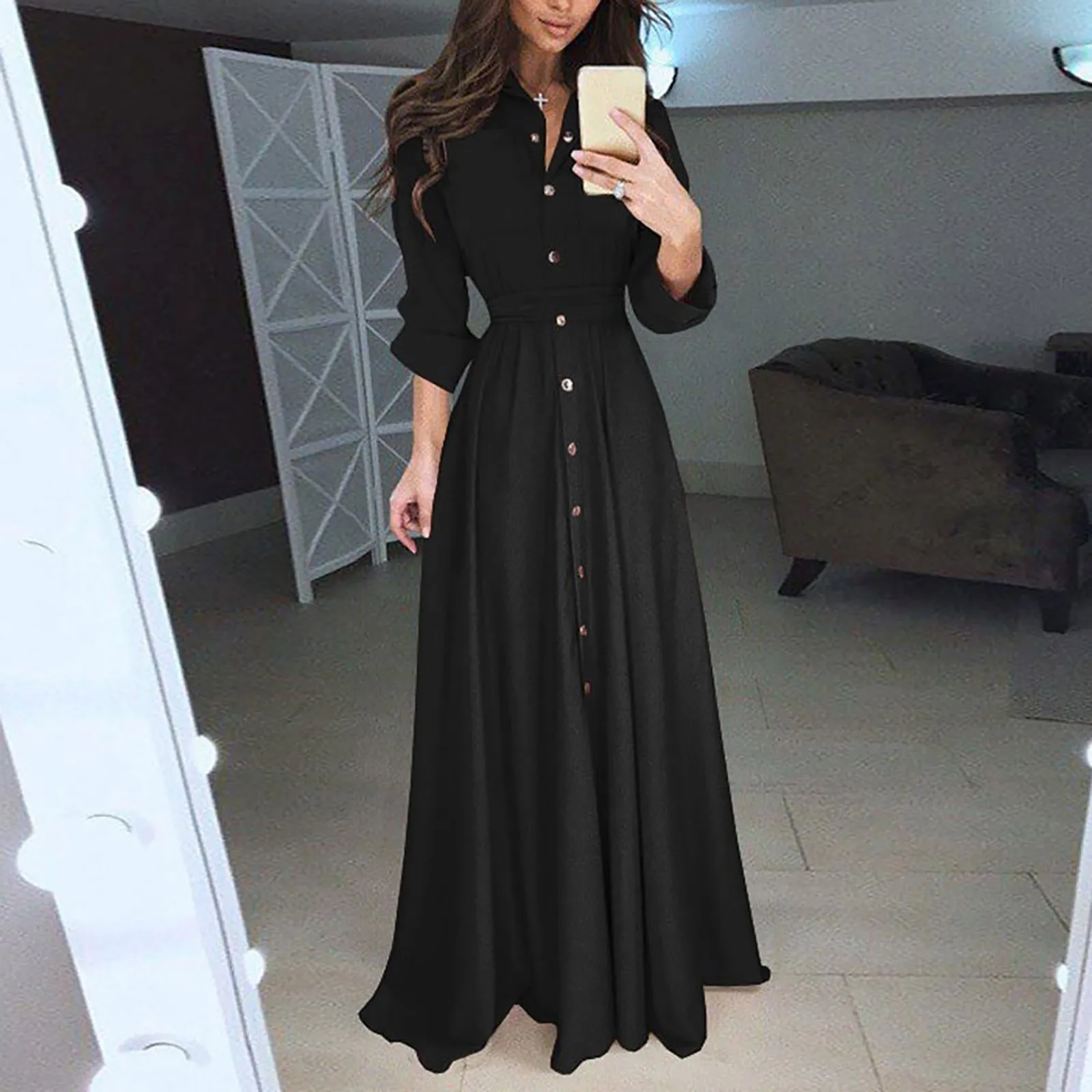 

Solid Maxi Dress Women's Summer Prom Evening Party Shirt Dresses Fashion Button Long Sleeve Single Breasted Casual Dress 2023