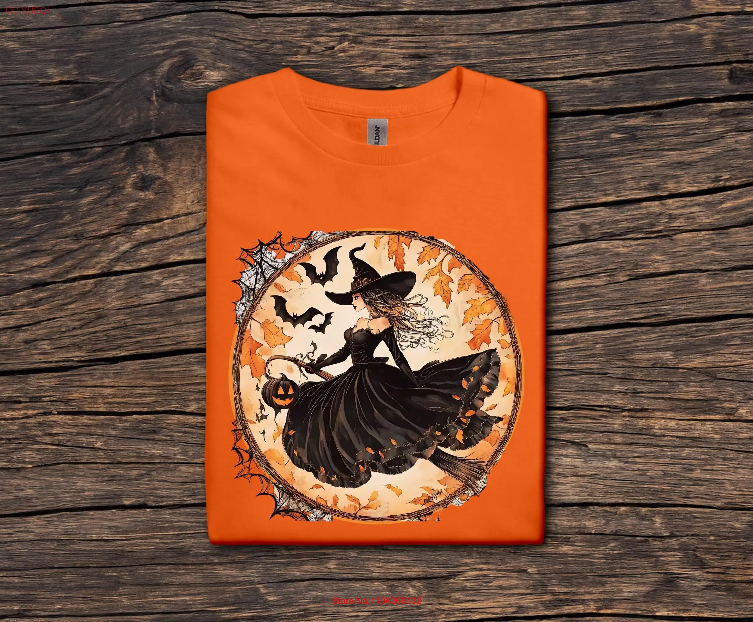 Футболка Ведьма на метле Хэллоуин с тыквой жутким перепончатым круглым вырезом