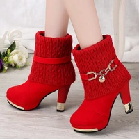 womens boots fashion high heels autumn and winter warm knitted fabrics red womens boots chain decoration short bootslarge size