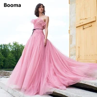 elegant strapless pink prom dresses sleeveless ruched a line long formal gowns ribbons tulle princess wedding party dresses