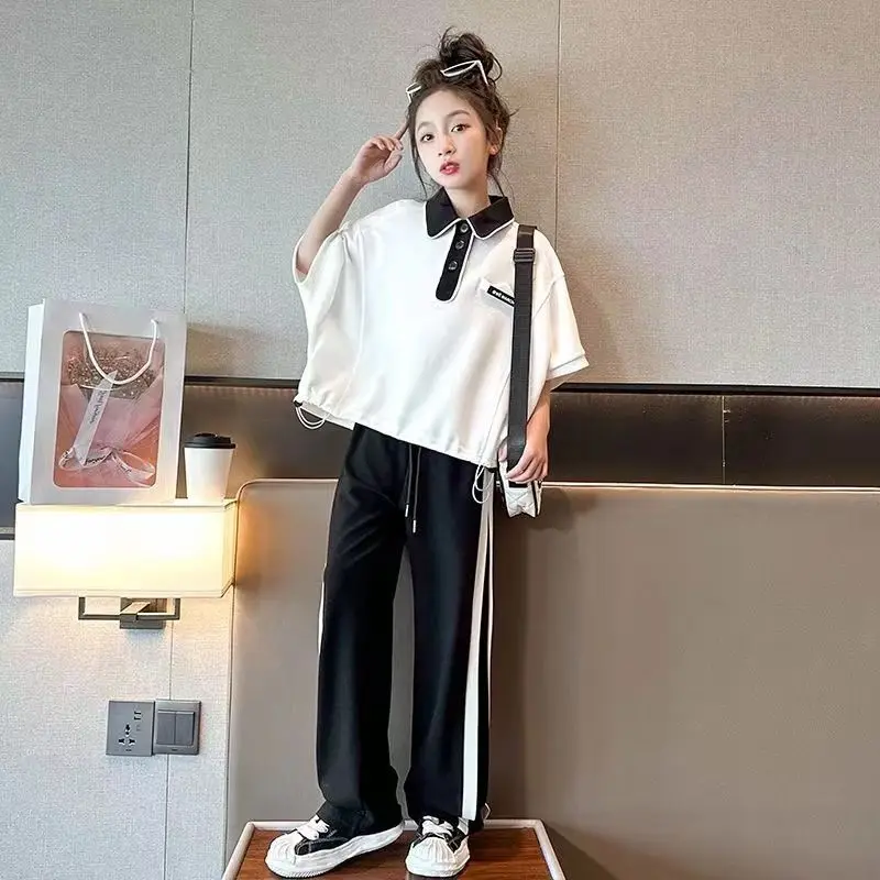 

Комплект одежды для девочек 5/6/8/2023/11/12/14 лет, повседневный Свободный свитшот, топ, штаны с широкими штанинами, модная одежда, 910