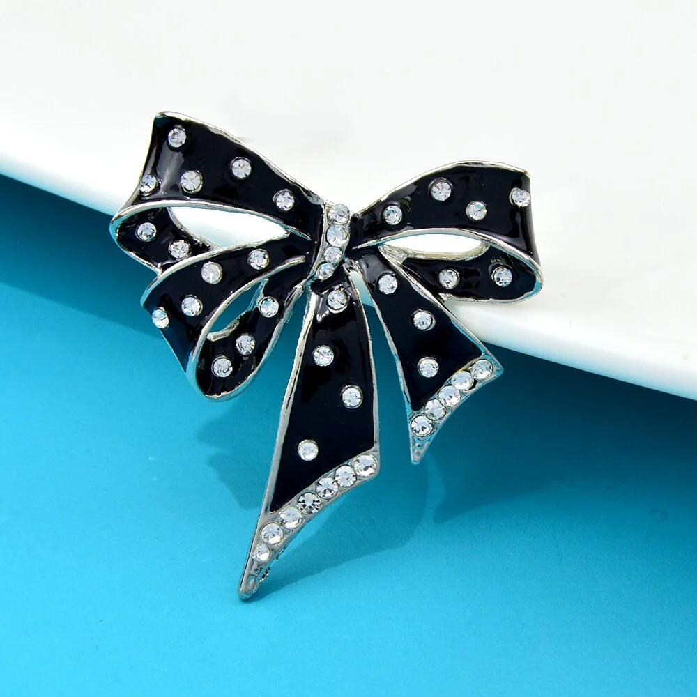 

New Lovely Enamel Black Color Bow Brooch Pins For Women Girls Cute Rhinestone Bowknot Brooches Fashion Party Jewelry