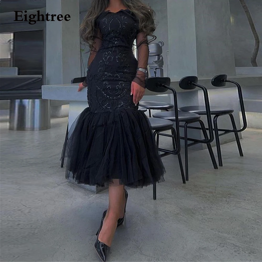 

Eightree Black Fashion Mermaid Prom Dresses Saudi Arabic Full Sleeves Lace Appliques Tulle 2022 Evening Party Dress Formal Gowns