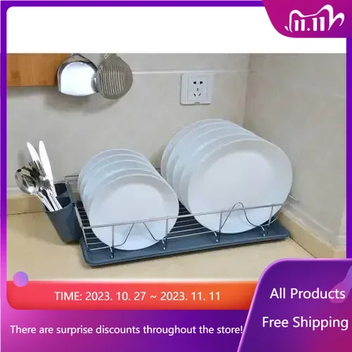 

3 Piece Chrome Dishrack with Tray in Grey, Kitchen Accessories, Dish Drying Rack , Kitchen Organizer and Storage Container Fast