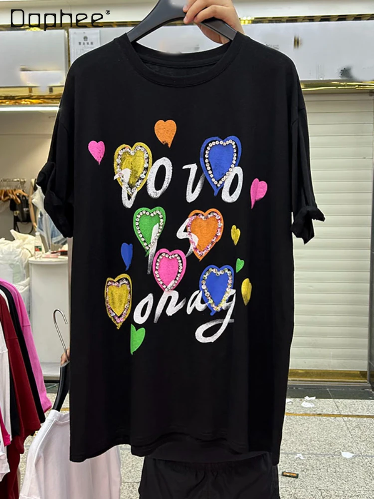 

Exquisite Rhinestone Love Mid-Length Pullover T-shirt Women's 2023 Summer Loose All-Match Fashion Short-Sleeved Top Female