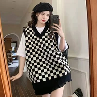 checkerboard womens knitted vest oversize sweater korean fashion v neck pullover sleeveless womens sweater