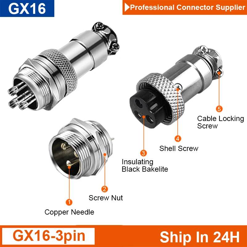 

GX16 Aviation Plug Socket 3Pin 125V 5A M16 Power Connector Metal Male Female 16mm Mount Cable Wire Solder Circular Adapter 10pcs