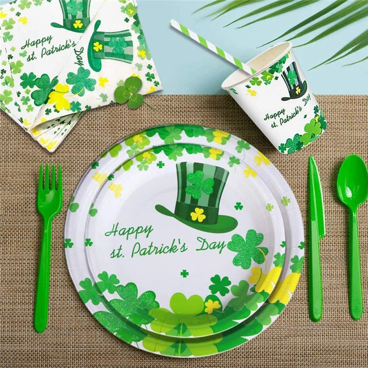 

16pcs St. Patrick's Day Disposable Cutlery Set Shamrock Paper Plate Tissue Tablecloth Irish Party Supplies Cutlery Set Wholesale