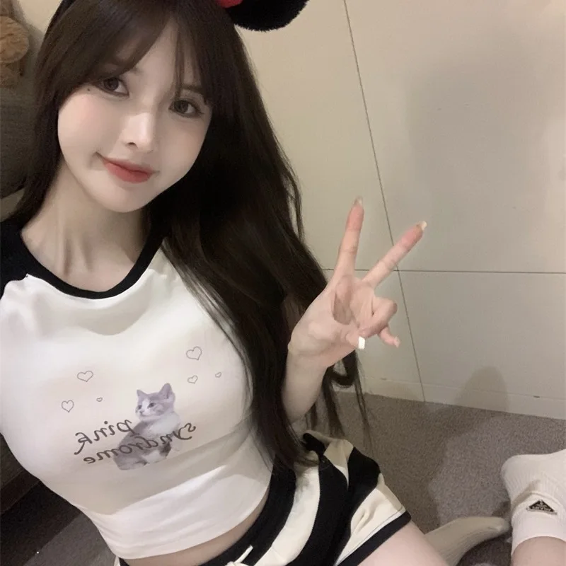 

Y2K Popular Ins Short Sleeve T-shirts Women Summer Panelled Patchwork Sexy Ladies Retro Skinny Lovely Crop Tops Hot Sale Girlish