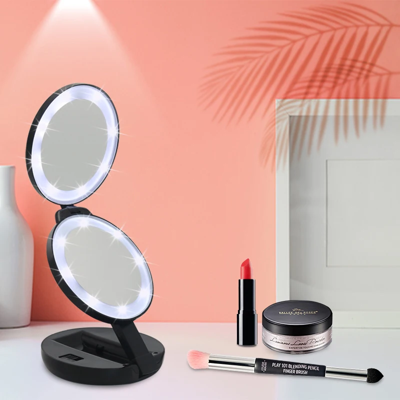 

Portable Mini Makeup Mirror Three Folding LED Vanity Mirror with Lights Cosmetic Mirror Compact Luces Para Espejo De Maquillaje