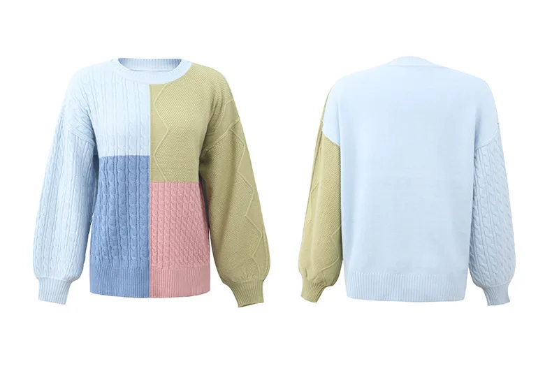 

Женский вязаный свитер с рукавами-фонариками, вязаный косами свитер контрастных цветов, Осень-зима 2022