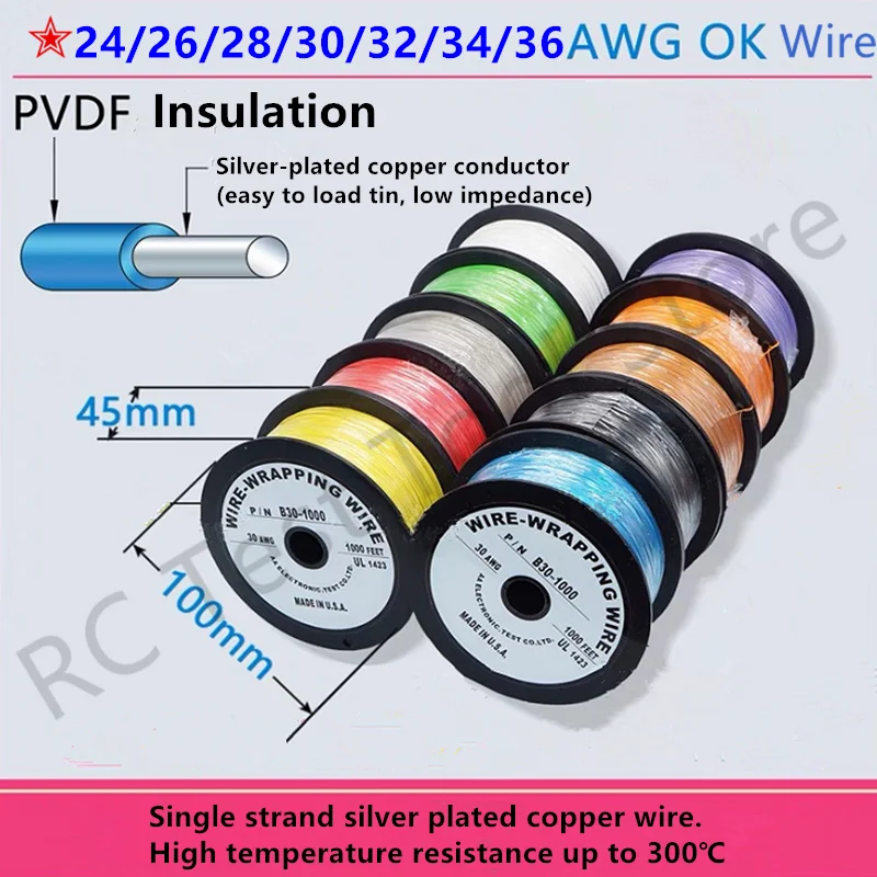 24AWG 26AWG 28 AWG 30AWG 32AWG 34AWG 36AWG, cable de cobre libre de oxígeno Chapado en plata, línea Ok, cable eléctrico de 8 colores, longitud de 305m