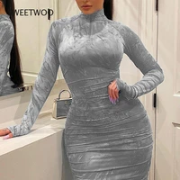 women bodycon dress pleated elegant long sleeve party dresses for ladies sexy tight female clothing evening 5xl