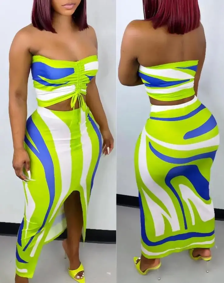 

Sexy Women 2 Piece Colorblock Drawstring Ruched Bandeau Sleeveless Crop Tube Top & Vacation Slit Skirt Set Summer 2022