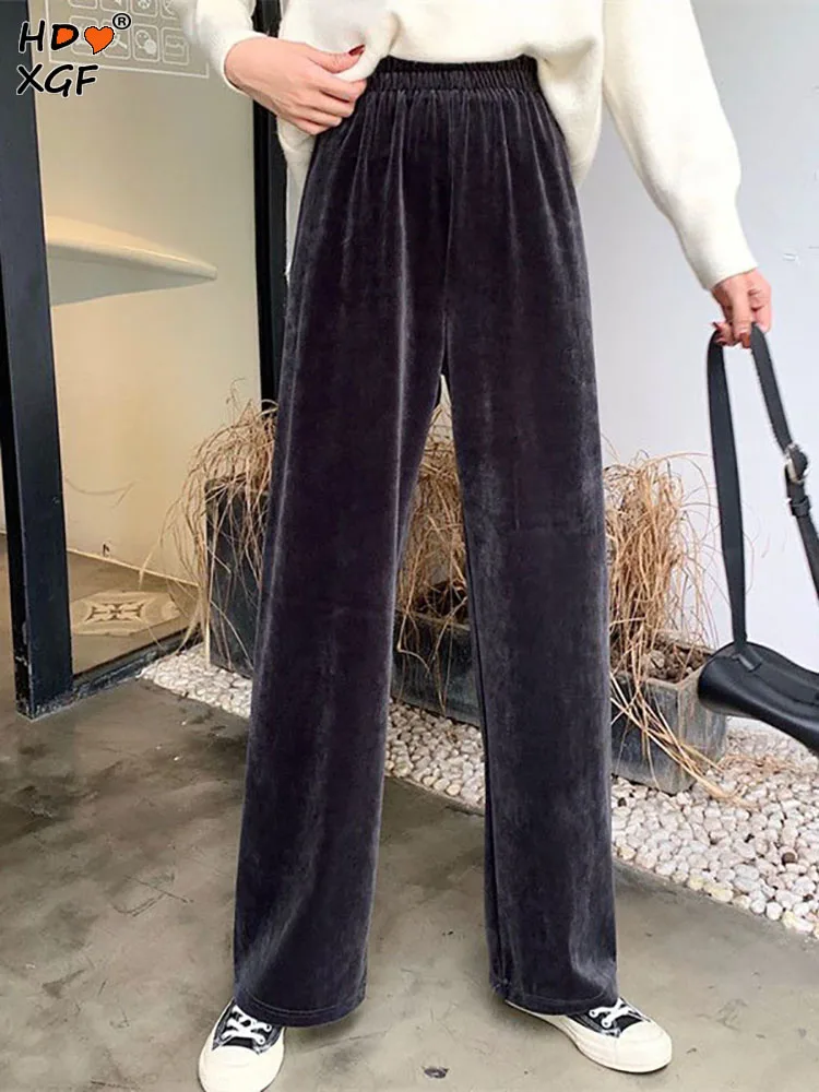 Женские бархатные брюки с широкими штанинами, простые мешковатые однотонные брюки с высокой эластичной талией в Корейском стиле, весна-осень