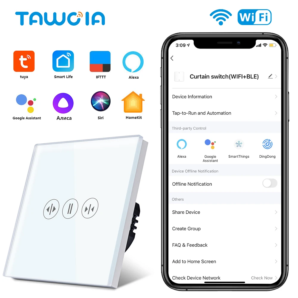

Сенсорный выключатель для штор Tawoia с Wi-Fi, смарт-переключатель для штор с электроприводом, работает с Alexa Google Tuya Smart Life