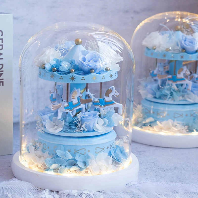 

Carousel Music Box Immortal Flower Glass Finished Ornament Birthday Wedding Gift