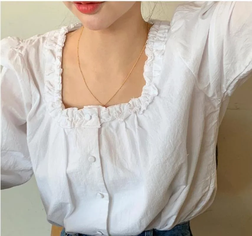 

Women Sexy Square Collar Long Sleeve Collarbone Exposed Solid Color Tees Pullover Blusas Spring New Work Style 2021 Ol T-shirts