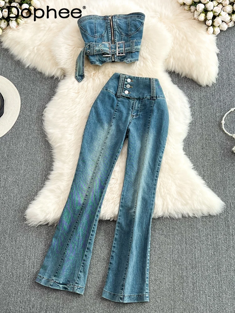 

Women Personalized Street Belt Top High Waist Elasticity Long Denim Pants New Two Piece Set Fashion Summer 2022
