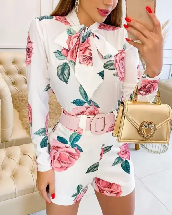 2 Piece Shorts, Printed Suit Scarf Collar Shirt and Slim Elegant Women's Suit Set for Office Ladies Long Sleeves