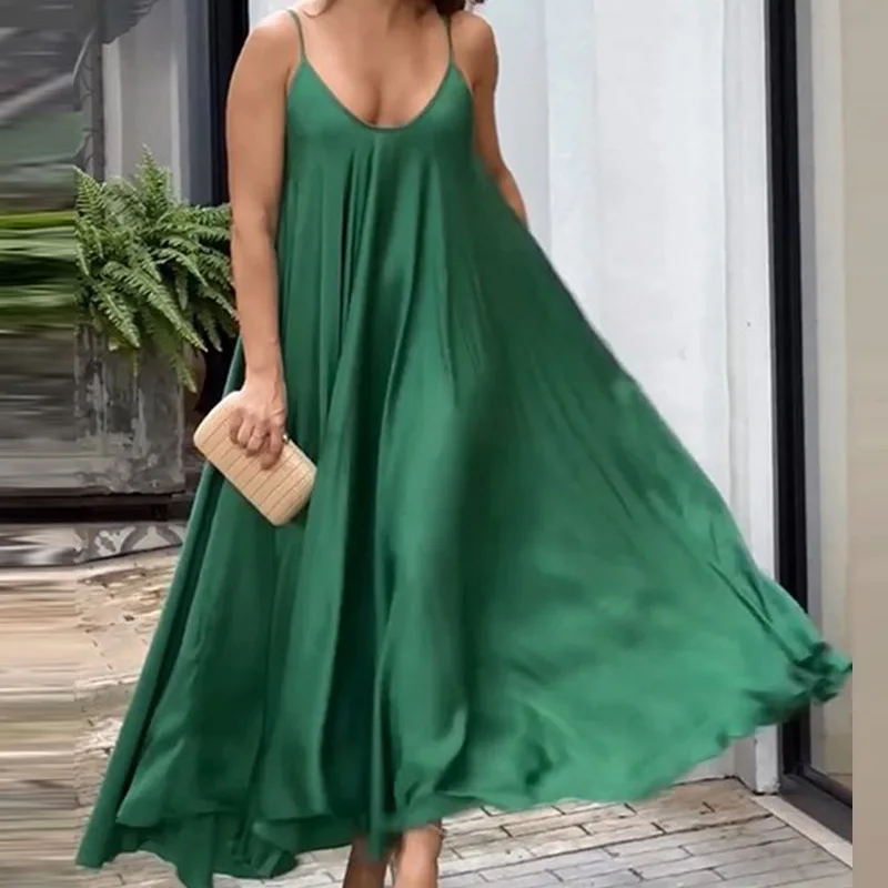 

New Summer Casual Draped Party Dress Women U Neck Solid Color Sling Long Dress Elegant Simple Backless Holiday Loose Beach Dress