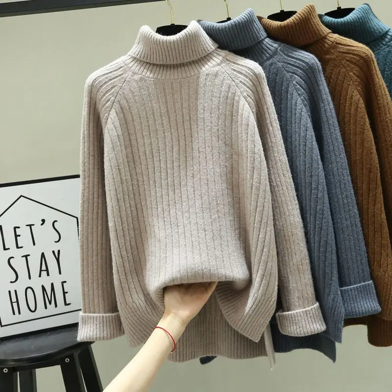 

Khaki Turtleneck Sweater Women Elegant Long Sleeve Loose Knitted Pullovers Autumn Winter Solid Thickness Warm Basic Jumpers 2023