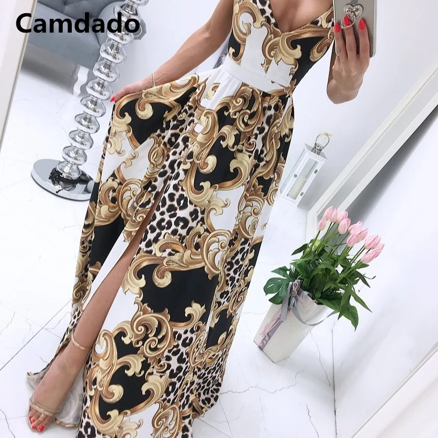 

New Summer Women Elegant Party Dress Sexy Strap V Neck Dress Ladies Vintage Leopard Floral Print Midi Dresses Wholesale