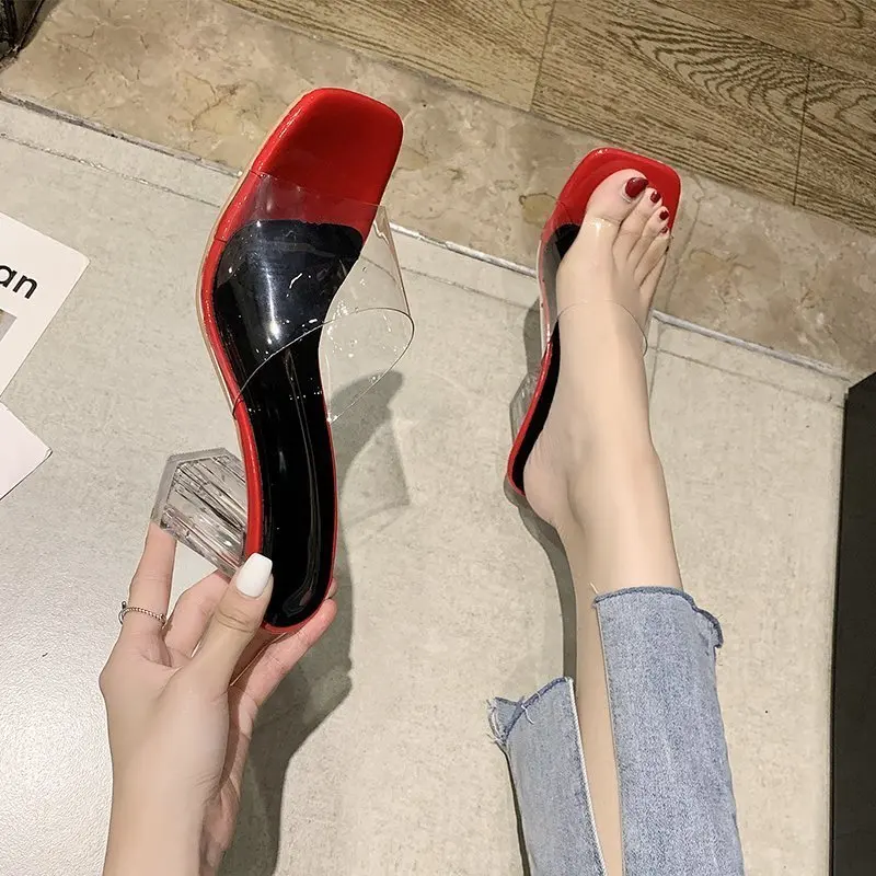 

2021 New Fashion Summer PVC Women Sandals Crystal Square Toed Sexy Heels Mules Transparent Heel Slippers Pumps