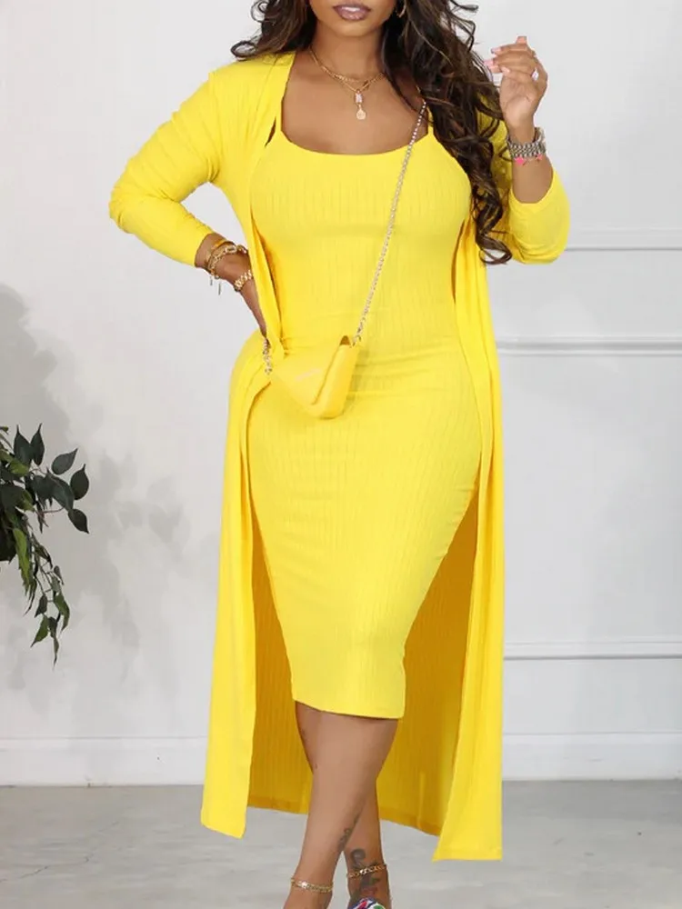 

Женское повседневное однотонное платье на тонких бретельках, облегающее длинное платье + Кардиган с длинным рукавом, деловая одежда из 2 предметов на осень